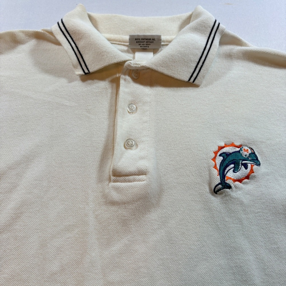 Anvil Miami Dolphins Polo Shirt Mens Large Cream Vintage Cotton Pique NFL Logo